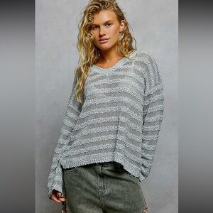 POL Light Gray Striped V-Neck Knit Sweater